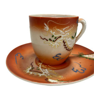 Japan Vintage Hand Painted Raised Details Dragon Saucer & Teacup Miniature Art
